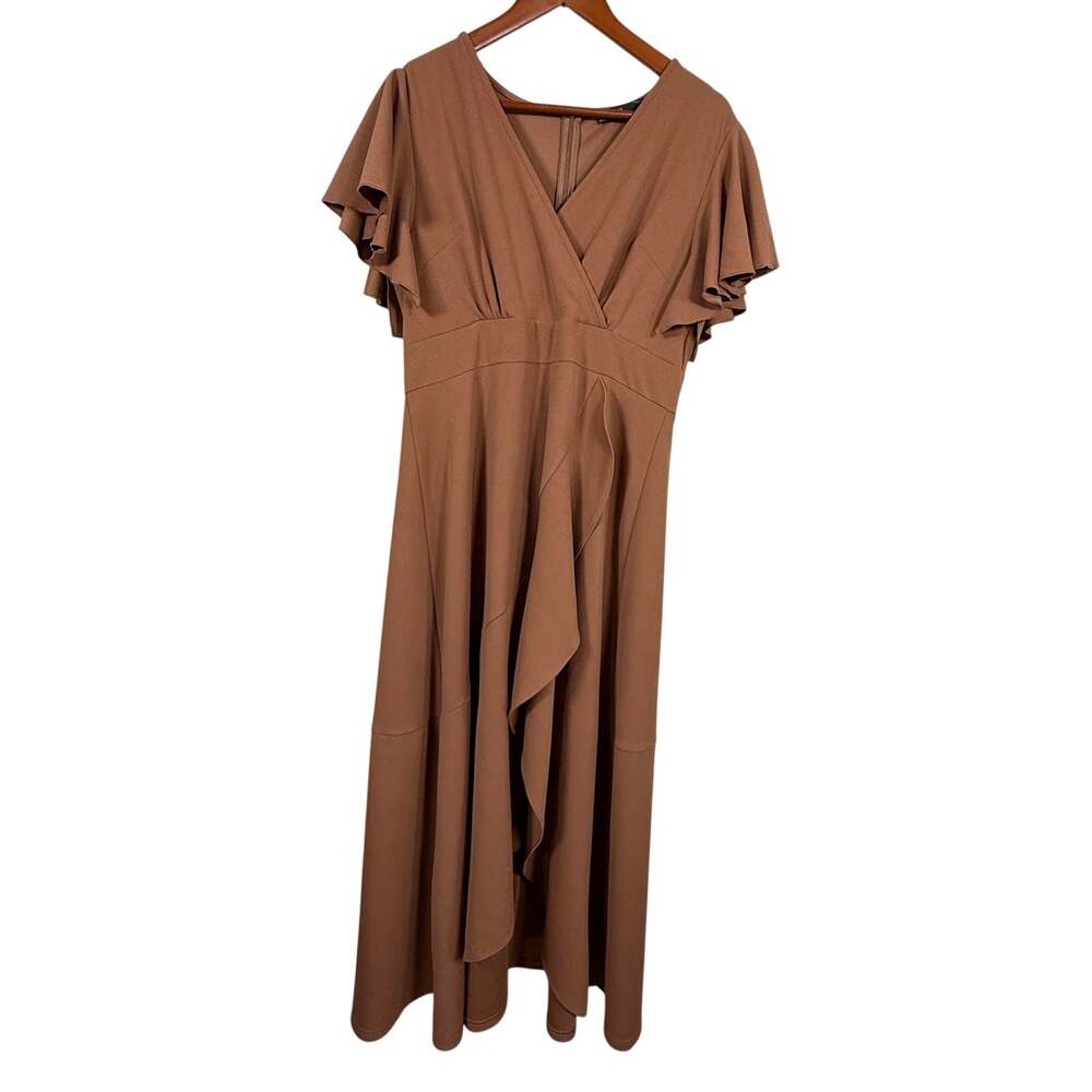 Womens XL Brown Maxi Dress Flutter Sleeve V Neck Ruffle Formal Wedding Guest